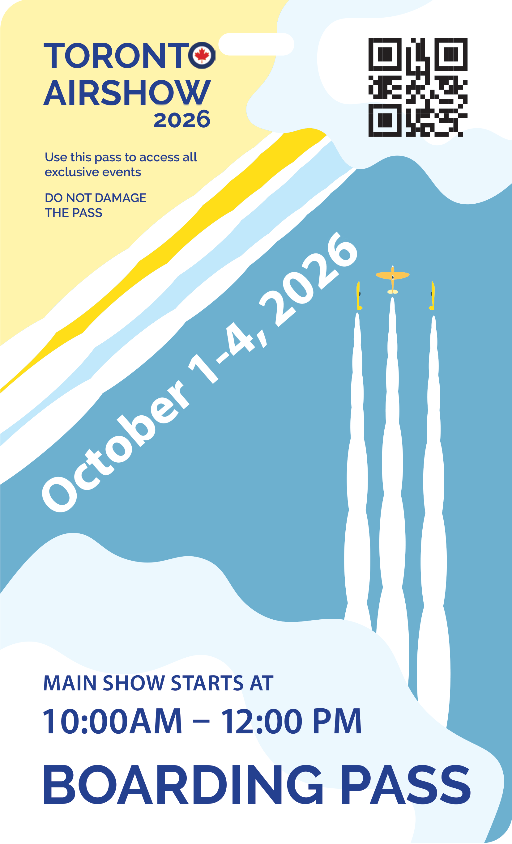 Toronto Airshow 2026 boarding pass — back, with QR code and gate details