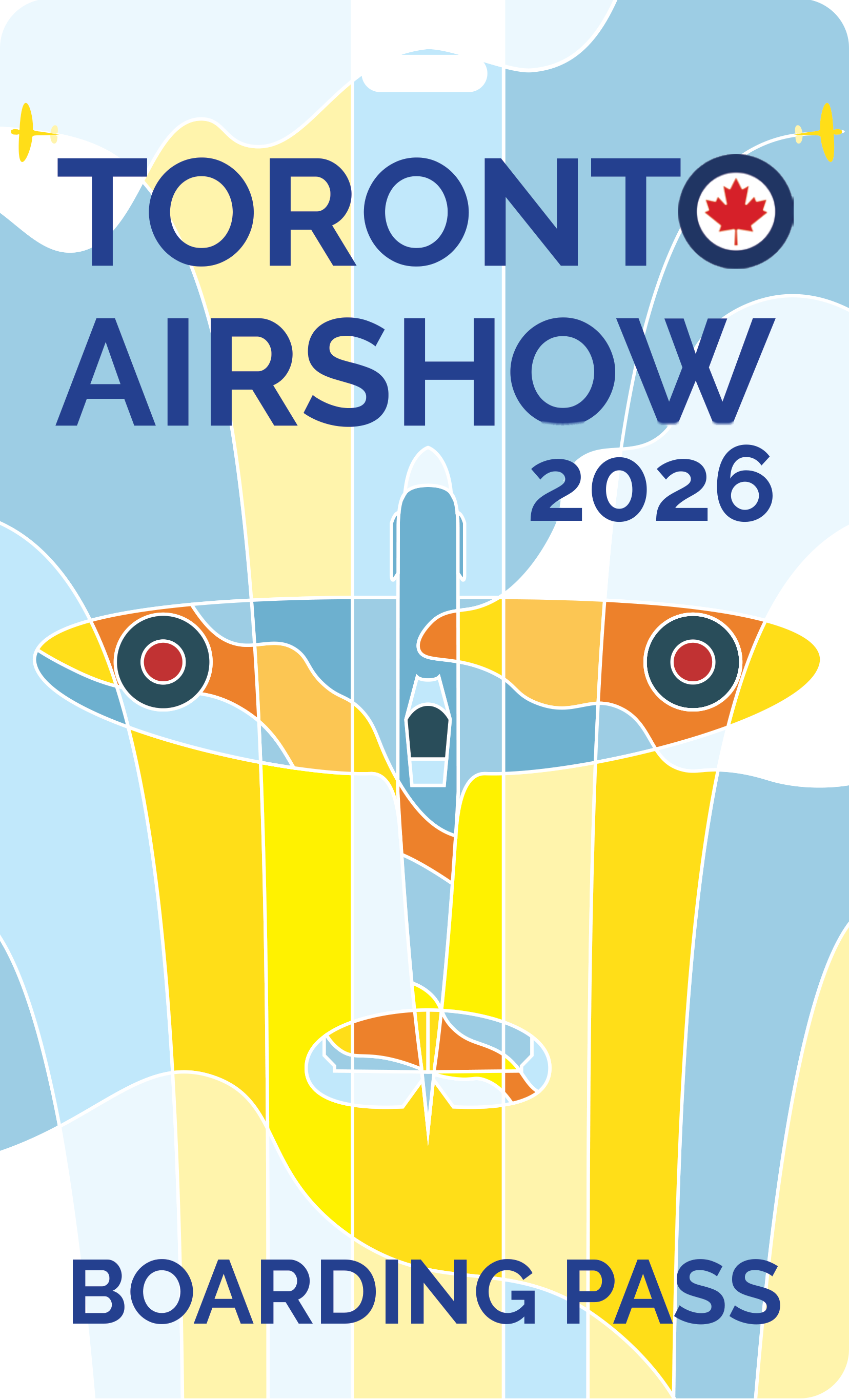 Toronto Airshow 2026 boarding pass — front, wordmark and Spitfire illustration